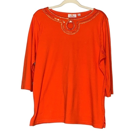 Quacker Factory orange sequins‎ 3/4 inch long sleeve tee. Size L - Picture 1 of 7